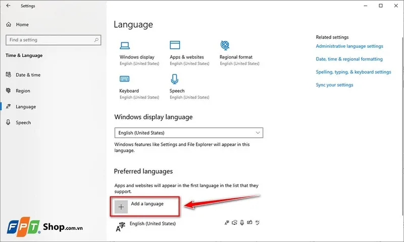 Nhấp Add a language để thêm tiếng Việt