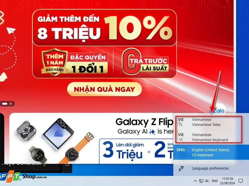 Chuyển đổi ngôn ngữ bàn phím sau khi chuyển đổi giao diện Windows