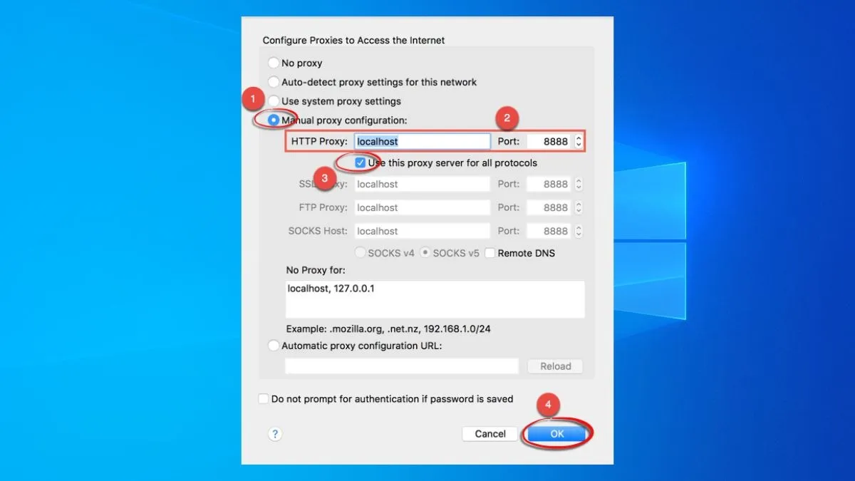 Bạn nhập địa chỉ IP của Proxy Server vào ô HTTP Proxy và số cổng tương ứng vào ô Port