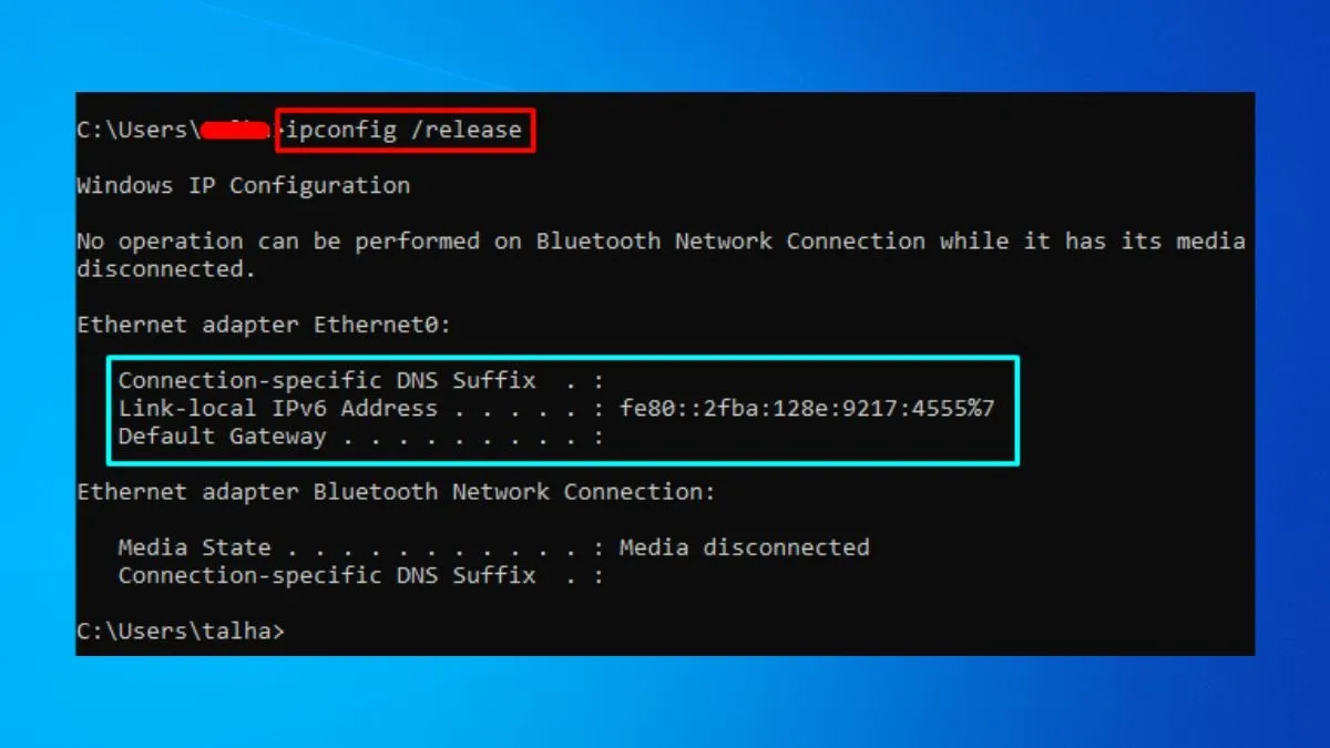 Bạn nhập lệnh ipconfig /renew để xin cấp IP mới