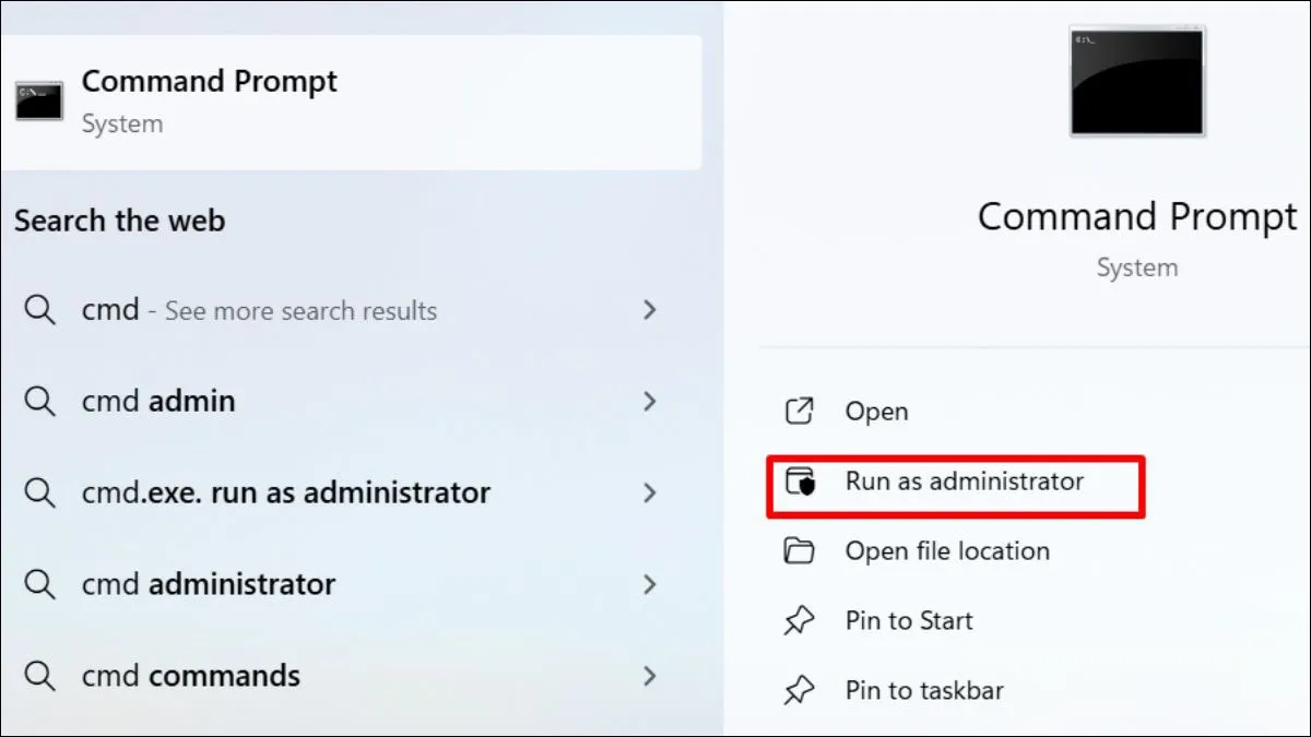 Bạn nhấn chuột phải vào Command Prompt và chọn Run as administrator