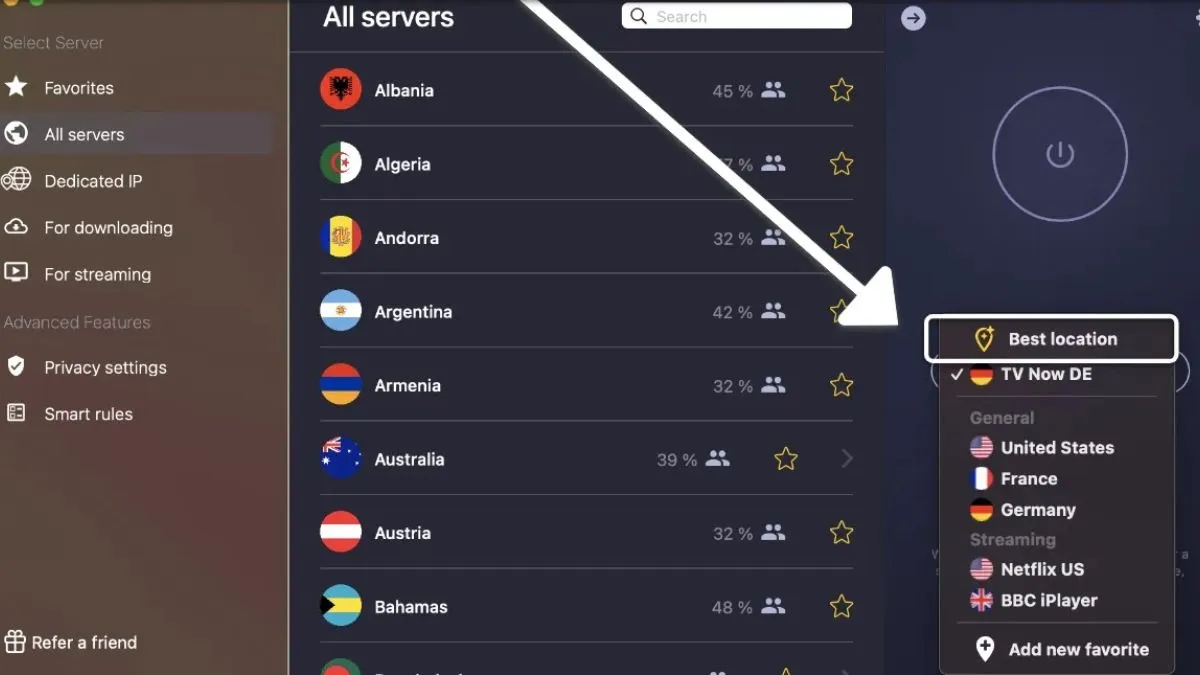 Trong giao diện ứng dụng VPN, bạn tìm và chọn một máy chủ đặt tại Mỹ