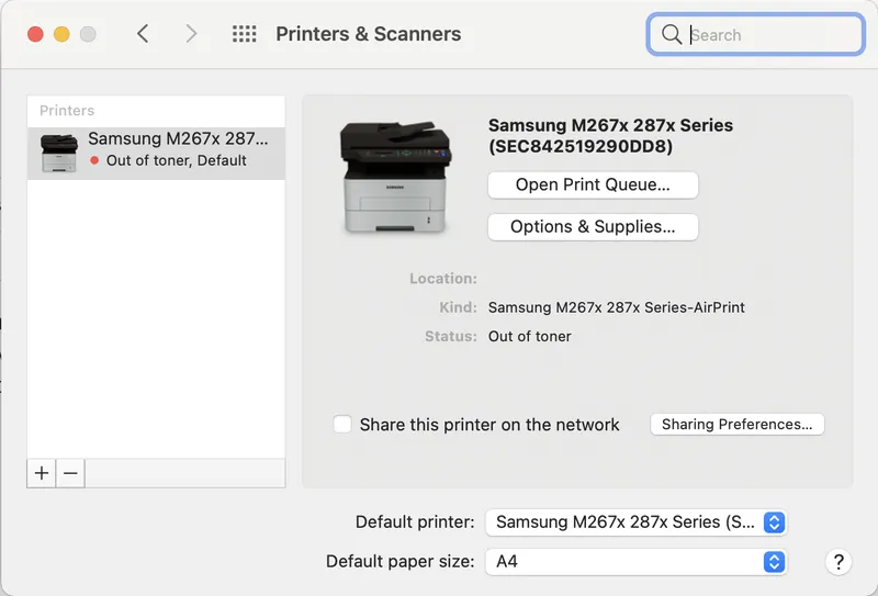 Thêm máy in trong cửa sổ Printers & Scanners của MacBook
