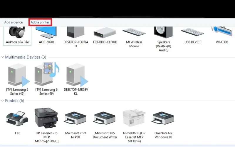 Tùy chọn Add a printer trong Devices and Printers