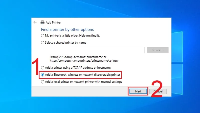 Thêm máy in không dây hoặc mạng trong trường hợp không tìm thấy tự động