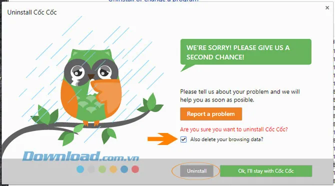 Xóa dữ liệu duyệt web và xác nhận gỡ cài đặt