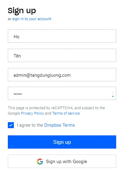 Màn hình đăng ký tài khoản Dropbox mới