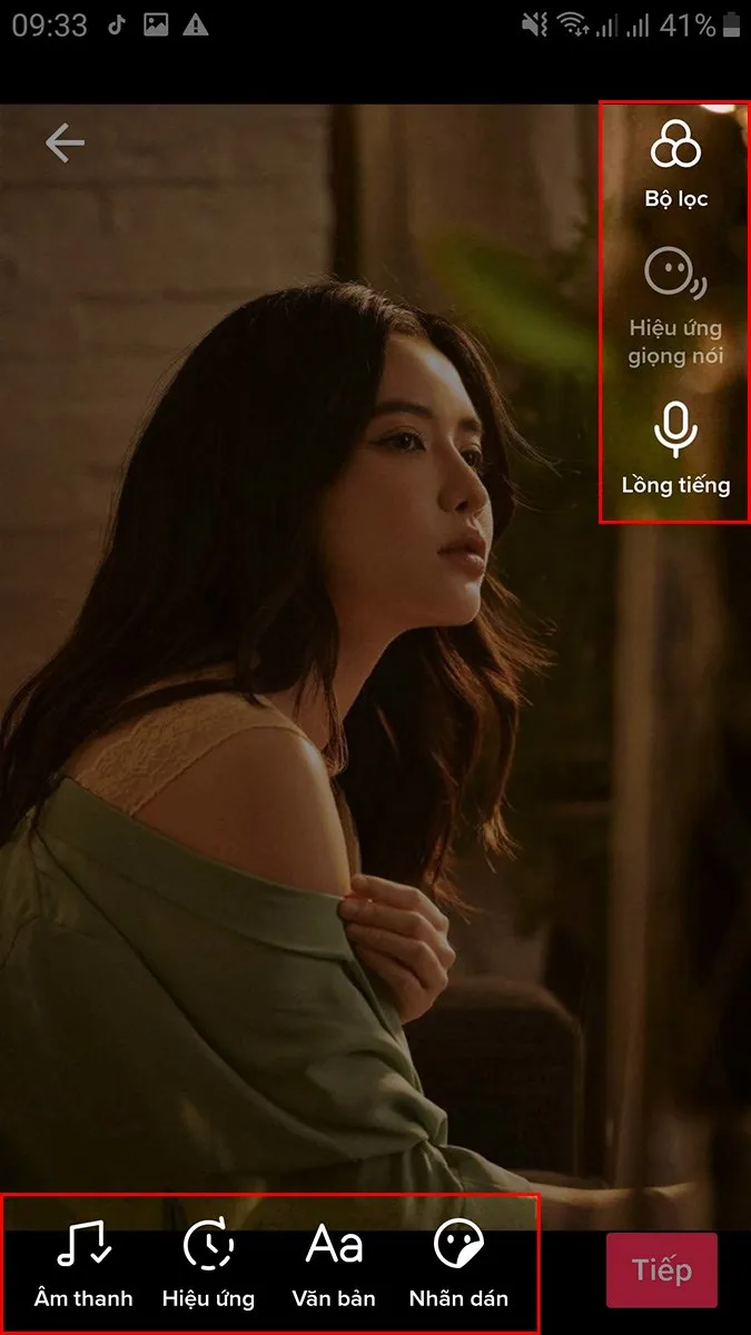 Giao diện chỉnh sửa video với các công cụ Lồng tiếng, Hiệu ứng, Nhãn dán