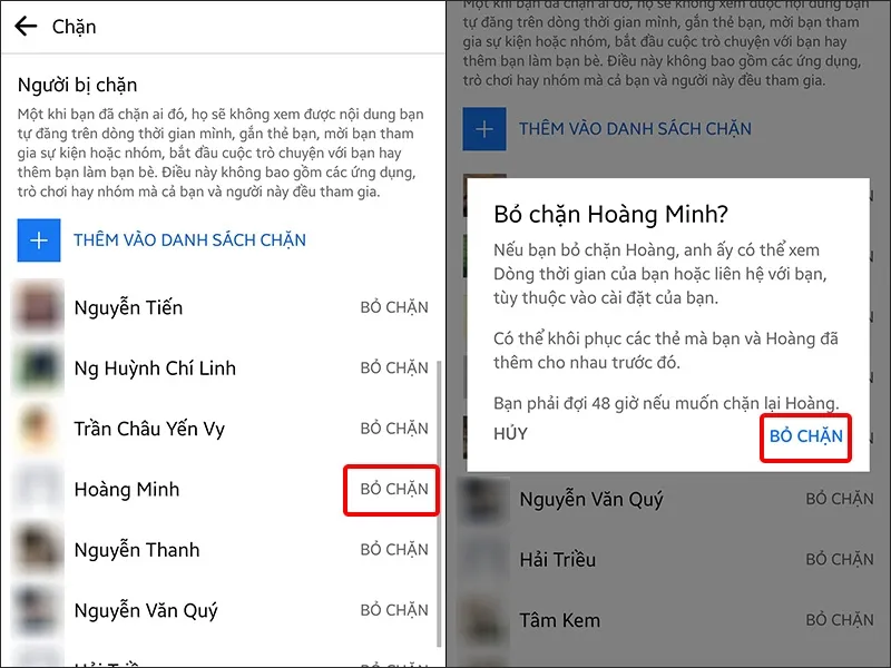 Nhấn vào BỎ CHẶN và chọn BỎ CHẶN
