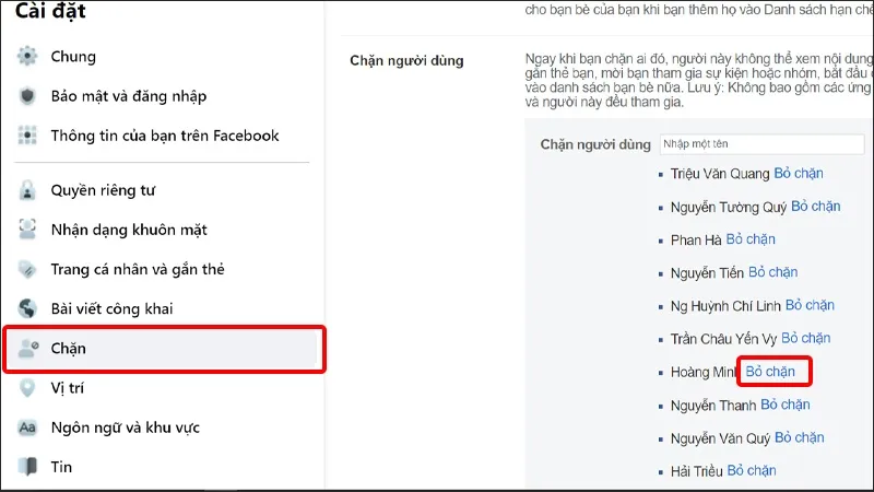 Nhấn vào mục Chặn