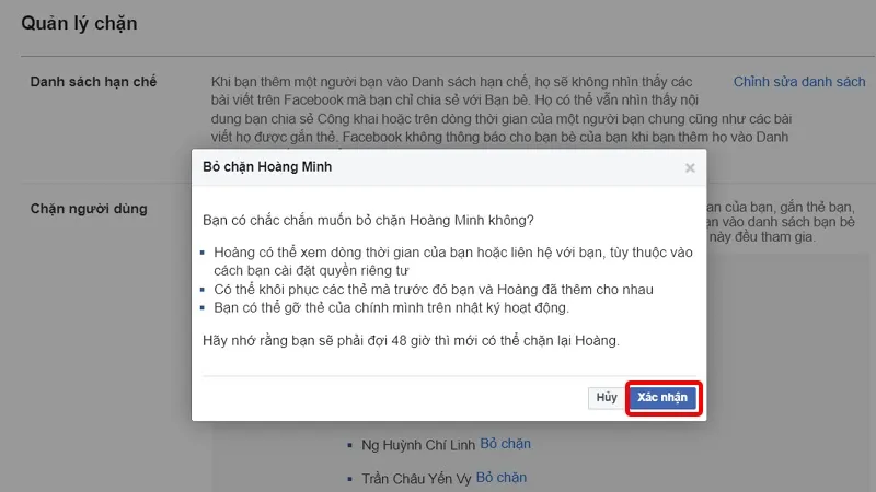 Nhấn Xác nhận để bỏ chặn tài khoản Facebook mong muốn