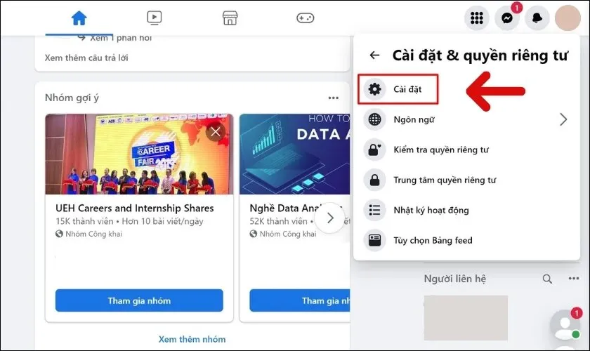 Chọn Quản lý thông tin liên hệ và nhấn vào email để thực hiện cách gỡ Gmail trên Facebook.