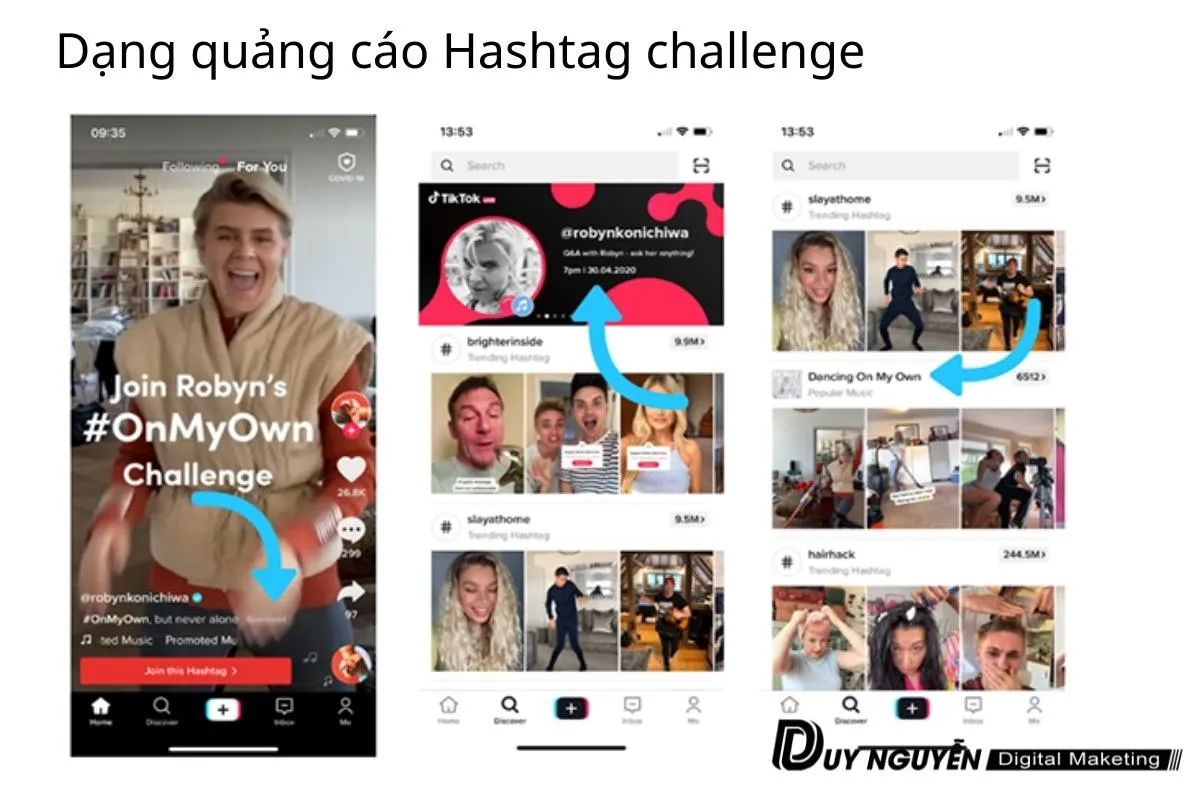Màn hình điện thoại hiển thị quảng cáo Hashtag Challenge trên TikTok, các loại tài khoản TikTok