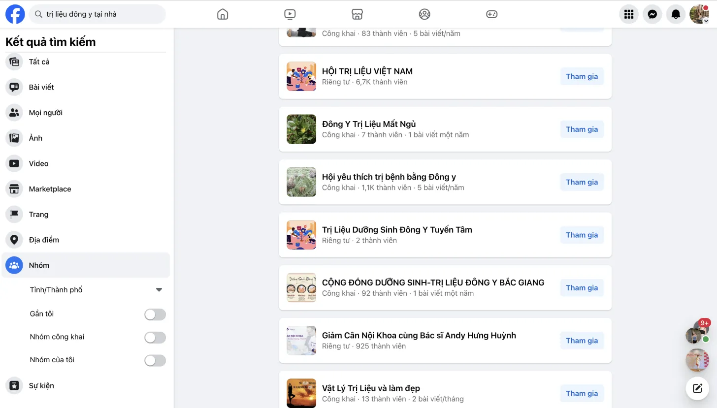 Tìm kiếm nhóm Facebook về trị liệu Đông y