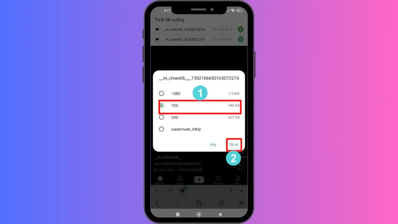Chọn chất lượng video, sau đó tải về