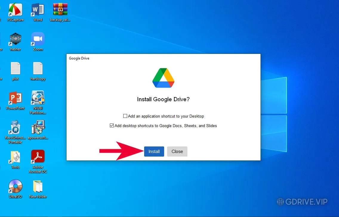 Nhấn Install để cài đặt Google Drive cho máy tính