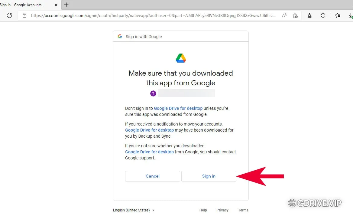 Nút Sign in để đăng nhập vào Google Drive trên trình duyệt