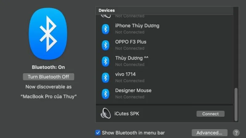 Chọn tên loa và Connect để kết nối Bluetooth Mac