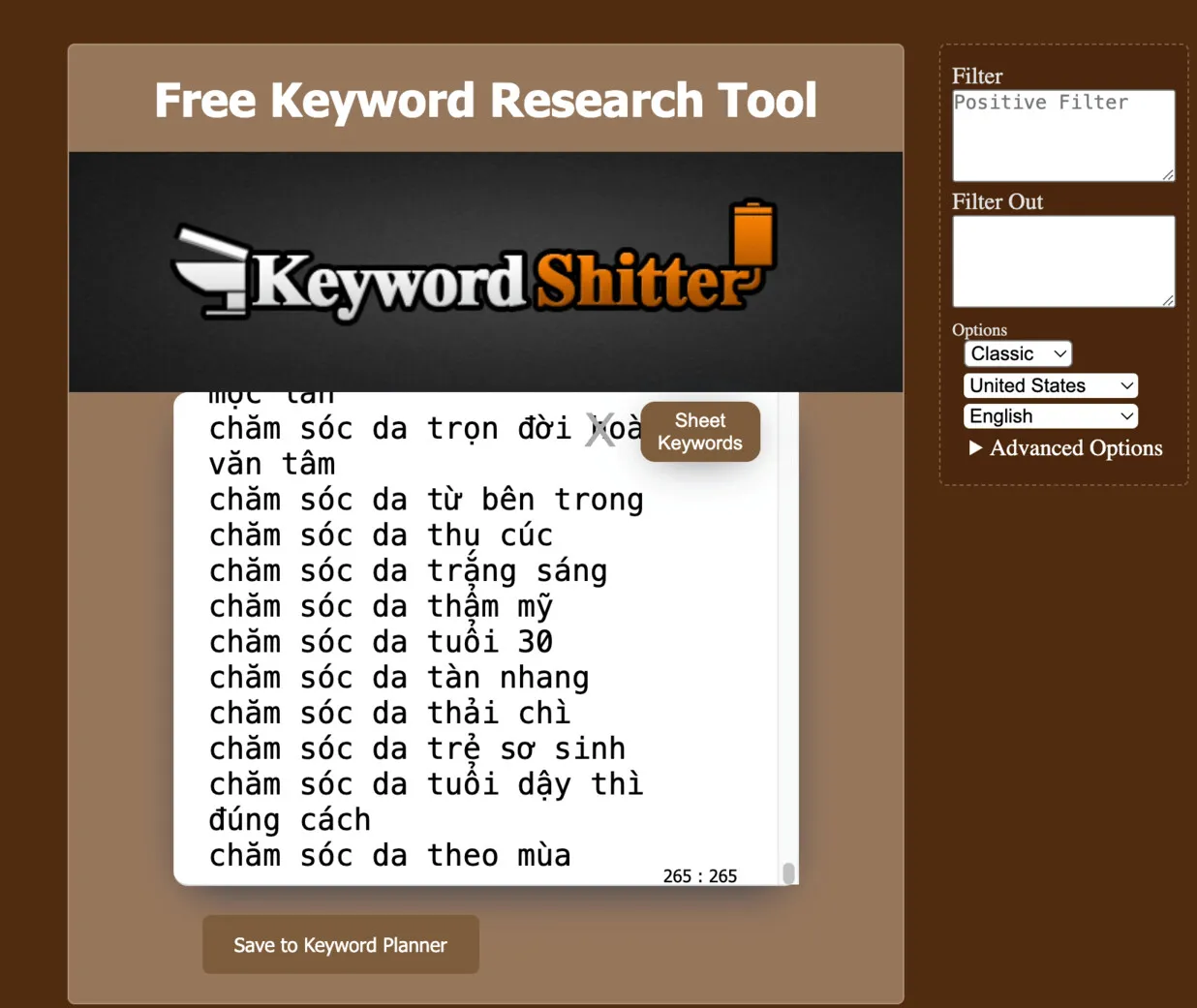 Lấy ý tưởng từ khoá từ Keyword Shitter, một công cụ nghiên cứu từ khóa miễn phí