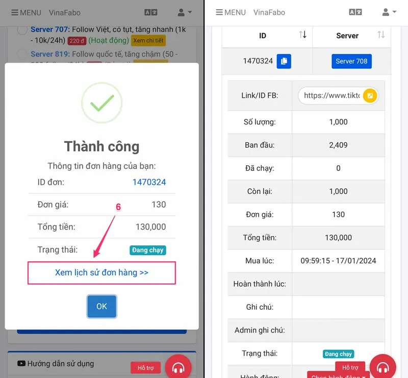 Lịch sử đơn hàng buff follow TikTok
