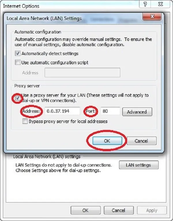 Cấu hình Proxy trong LAN settings