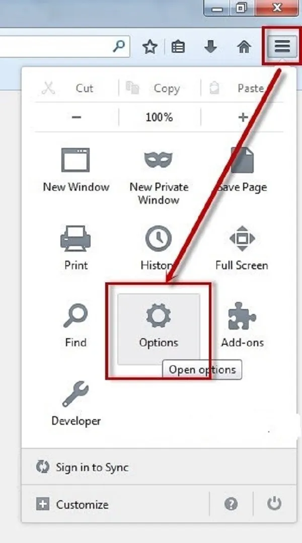 Mở Options của Firefox