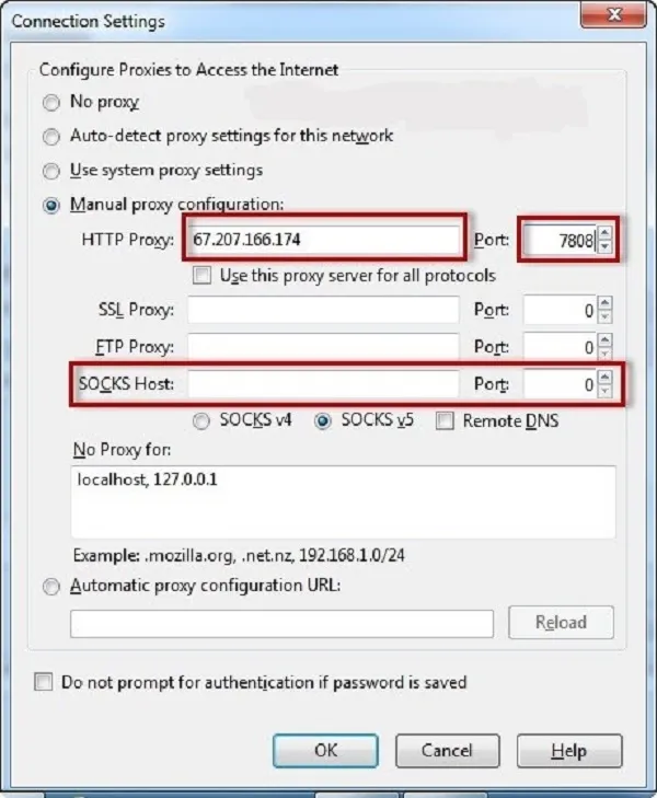 Cấu hình Proxy trong Connection Settings của Firefox
