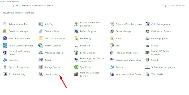Chọn User Accounts để quản lý tài khoản người dùng
