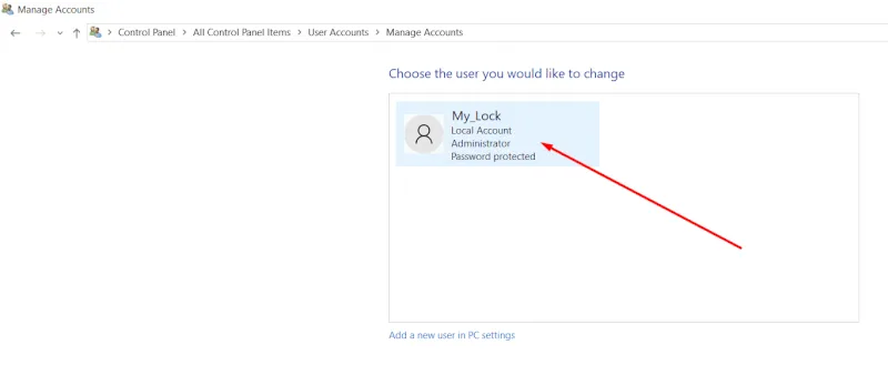 Chọn tài khoản người dùng cần xóa mật khẩu