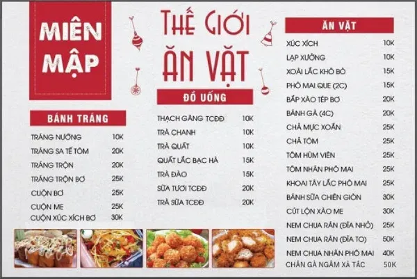 Menu quán ăn vặt giá rẻ làm từ chất liệu Formex hoặc bìa cứng phổ thông