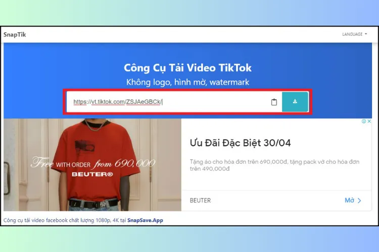 Sử dụng SnapTik sau khi sao chép liên kết TikTok để tải video không logo