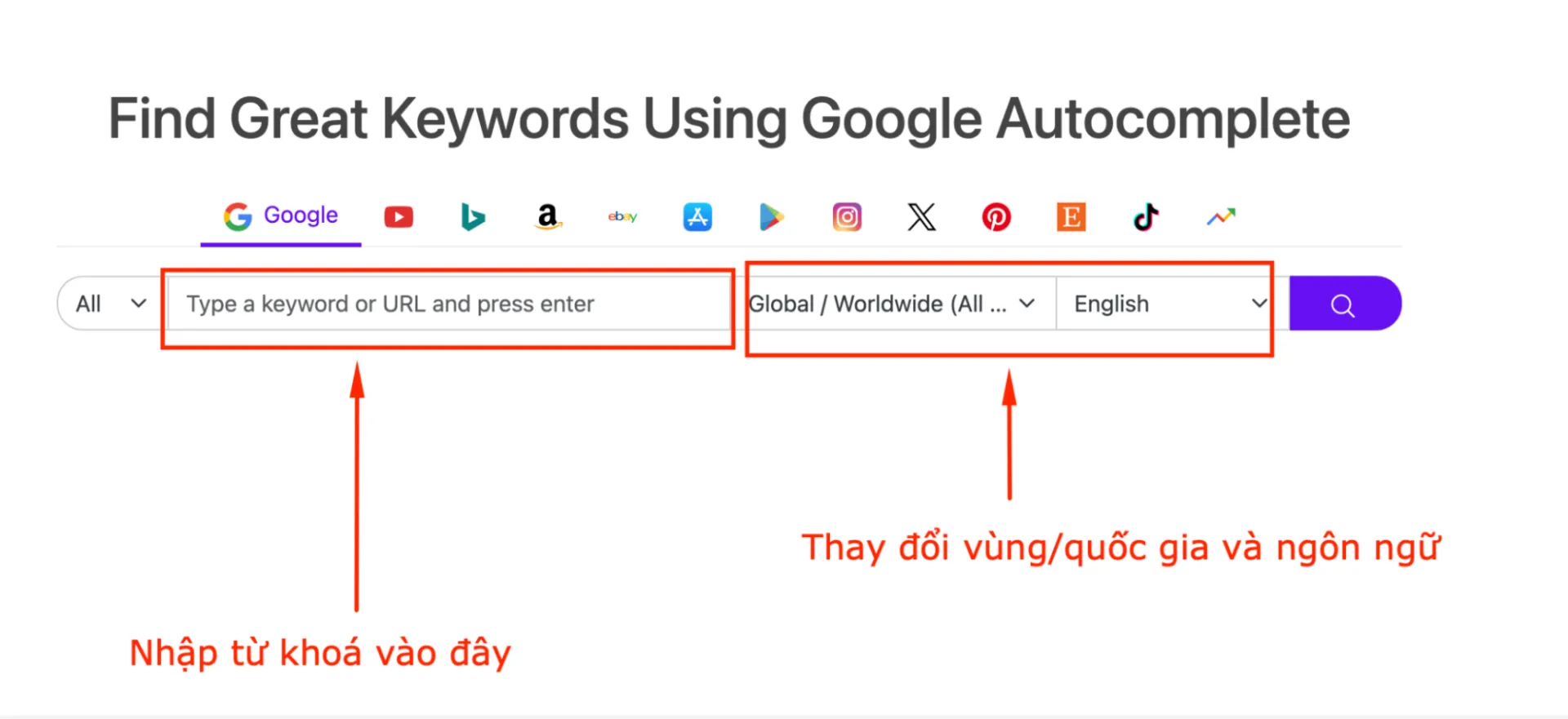Nghiên cứu từ khoá với quốc gia và ngôn ngữ phù hợp trên Keywordtool.io