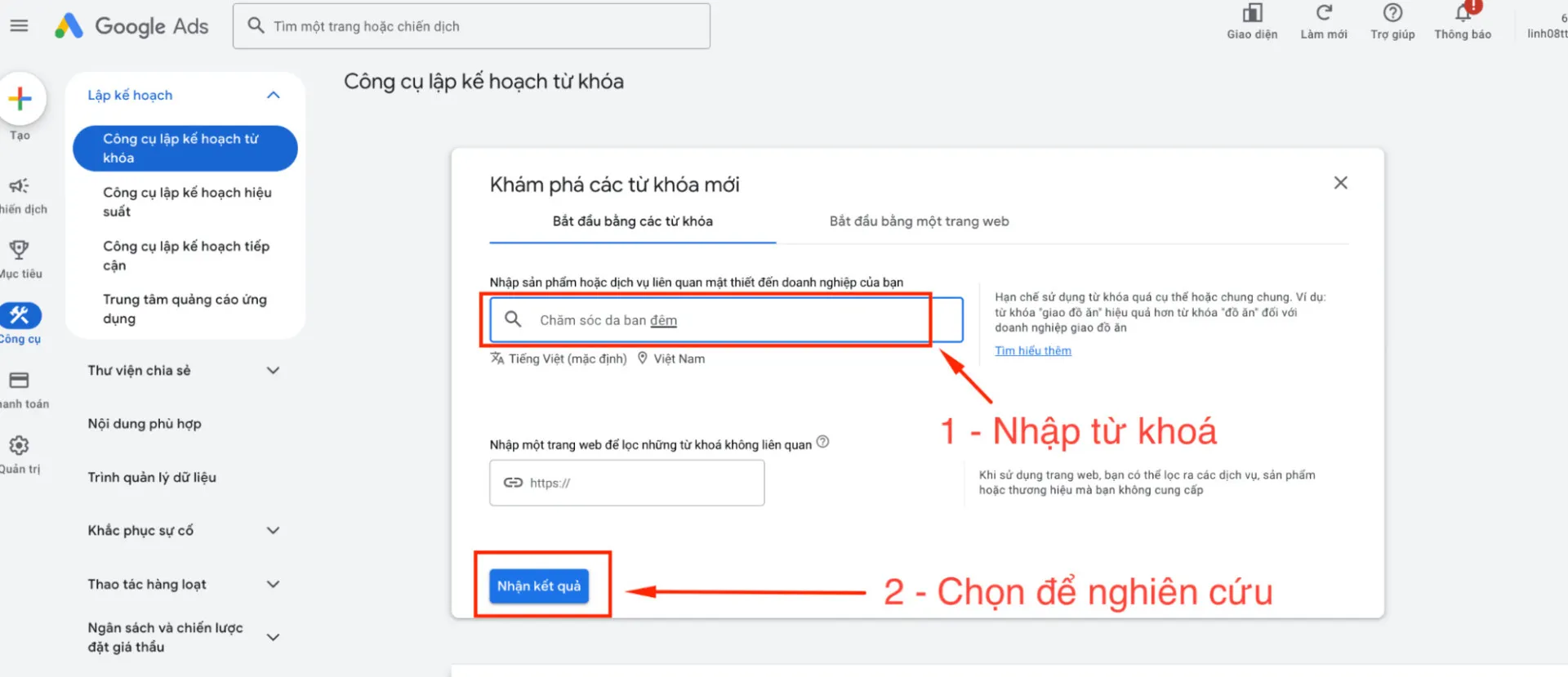Nhập từ khoá và bắt đầu nghiên cứu từ khóa trên Google Keyword Planner