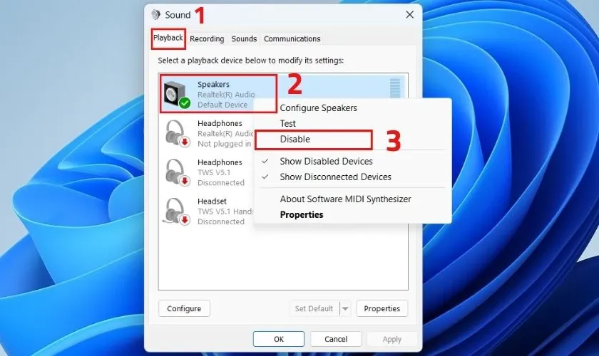 Tùy chọn Disable Speaker trong tab Playback để sửa lỗi loa ngoài vẫn phát khi cắm tai nghe