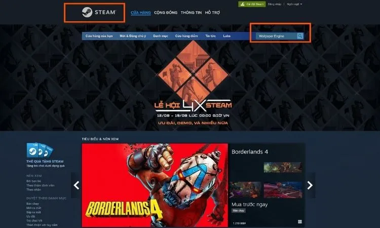 Mô tả cách sử dụng giao diện duyệt hình nền của Wallpaper Engine