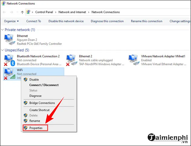 Chọn Properties trên biểu tượng Wifi