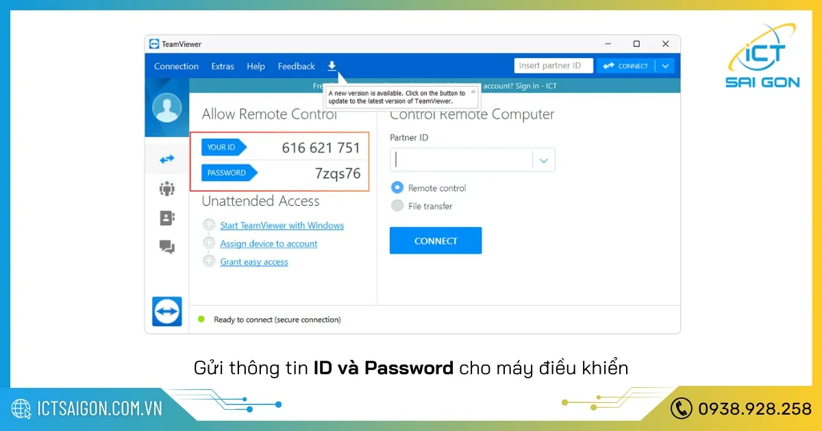 Giao diện TeamViewer hiển thị Your ID và Password để điều khiển từ xa