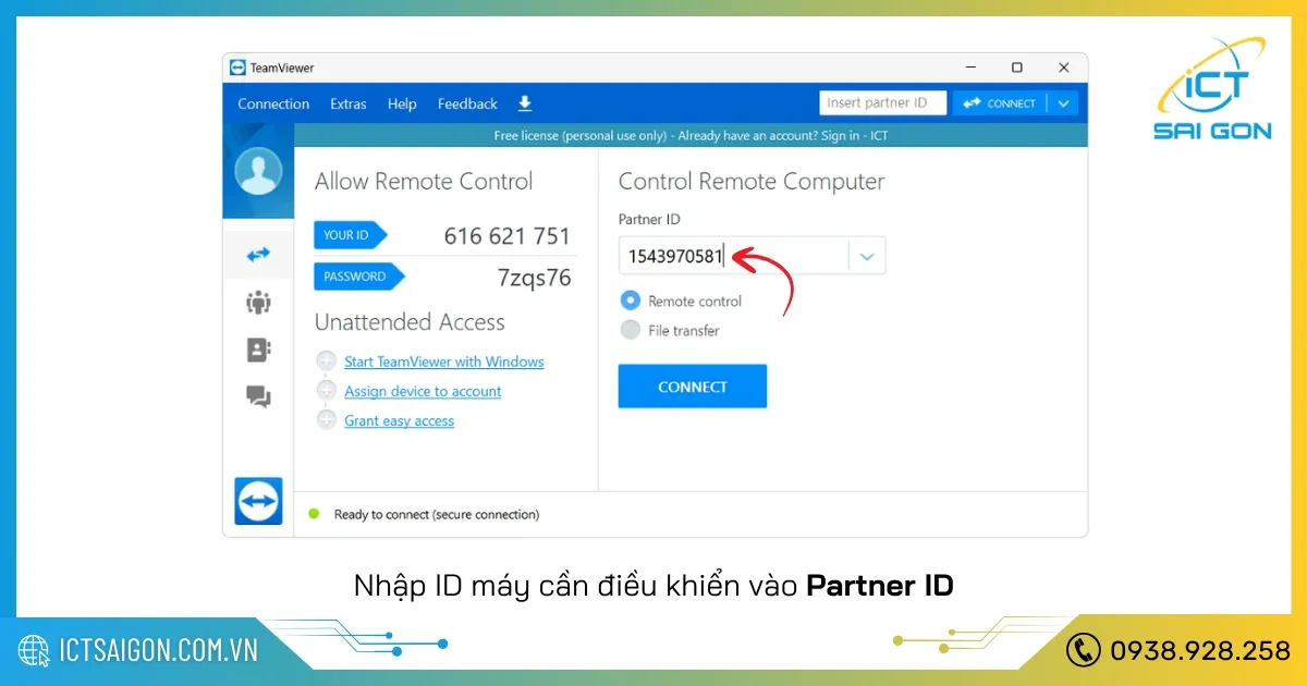 Nhập Partner ID để kết nối và hoàn thành các bước tải TeamViewer về máy tính