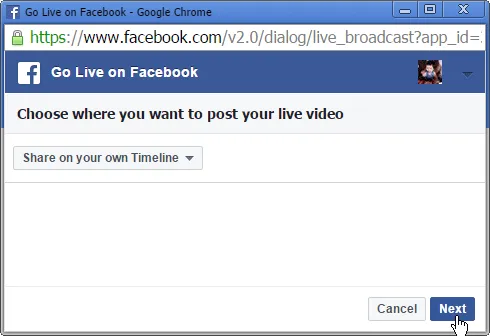 Hộp thoại khởi tạo luồng phát video trực tiếp trên máy tính Facebook