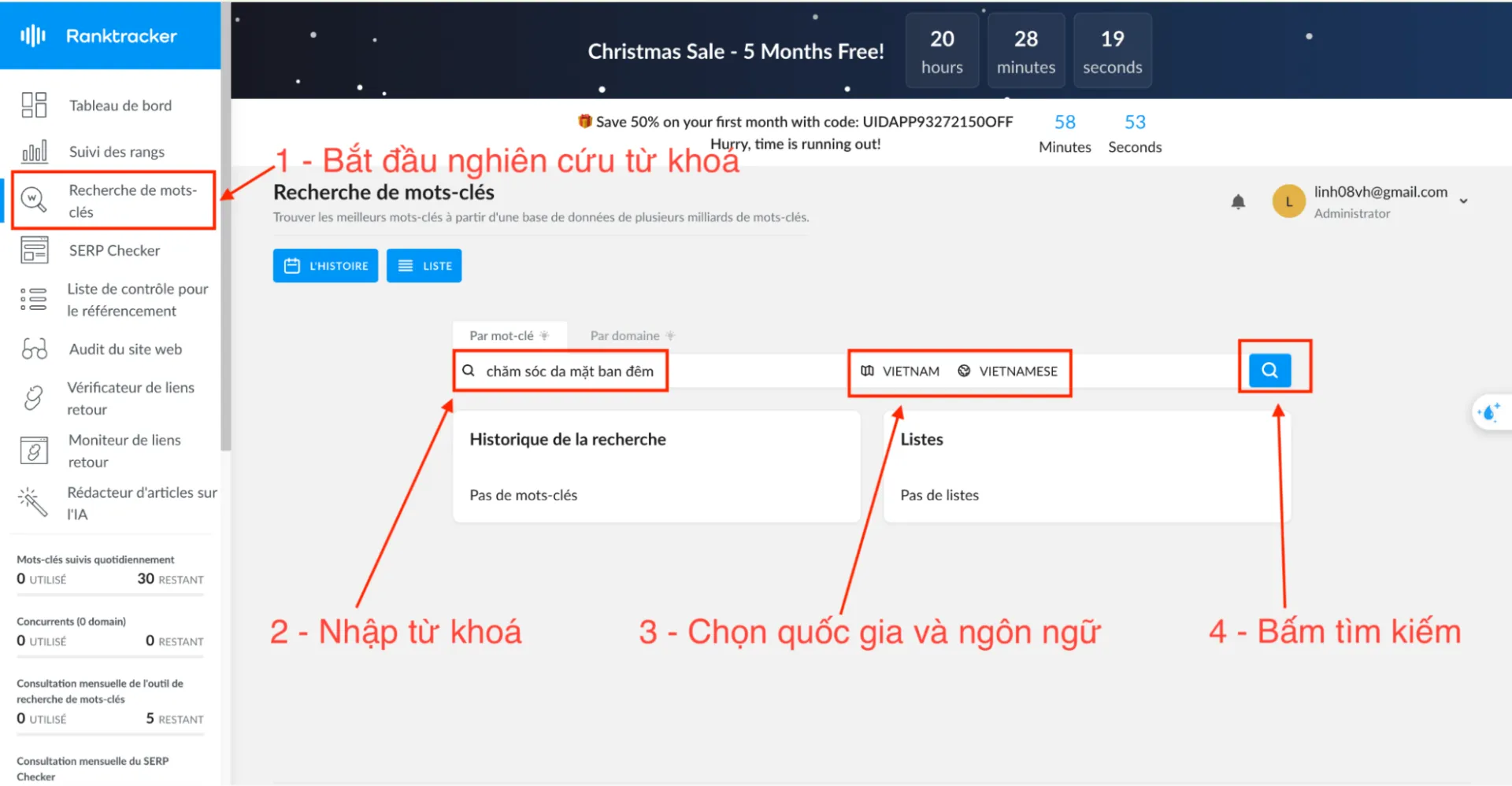 Thiết kế giao diện trực quan giúp bạn dễ dàng thao tác trên công cụ nghiên cứu từ khóa Rank Tracker