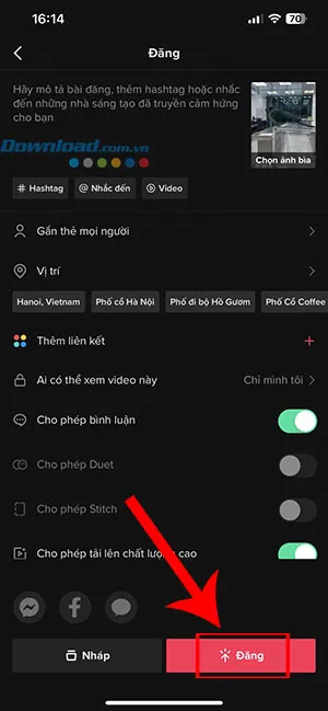 Hoàn thiện thông tin video và nhấn nút Đăng để chia sẻ video đã chỉnh giọng nói trên TikTok