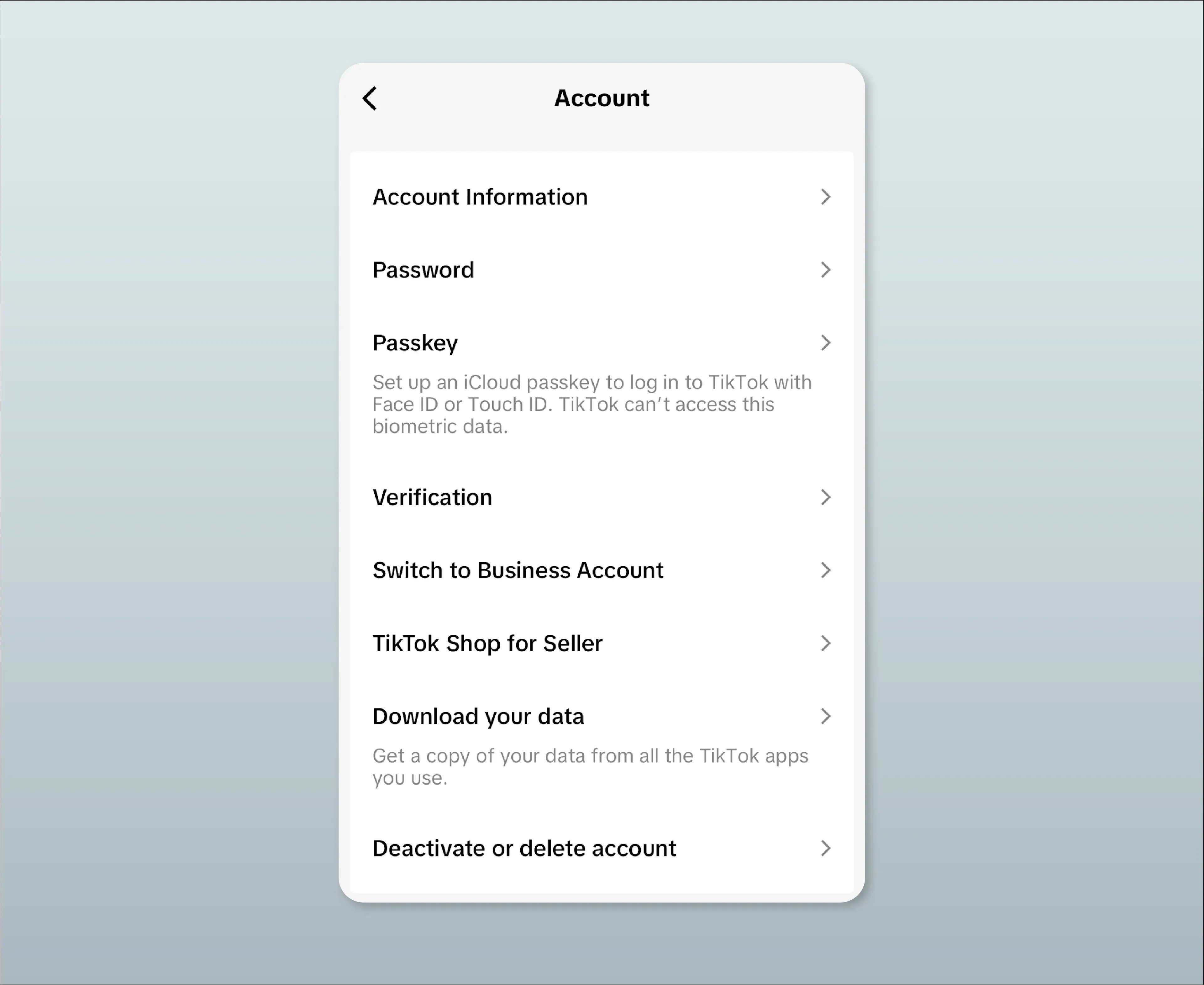 TikTok account settings page showing the option to switch to a business account.