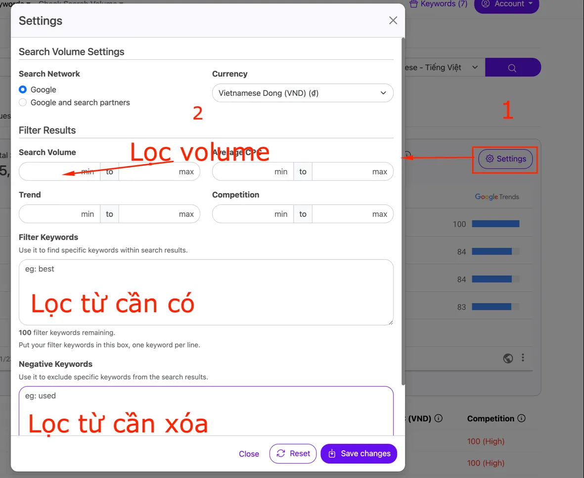 Tính năng lọc từ khóa trên công cụ nghiên cứu từ khóa