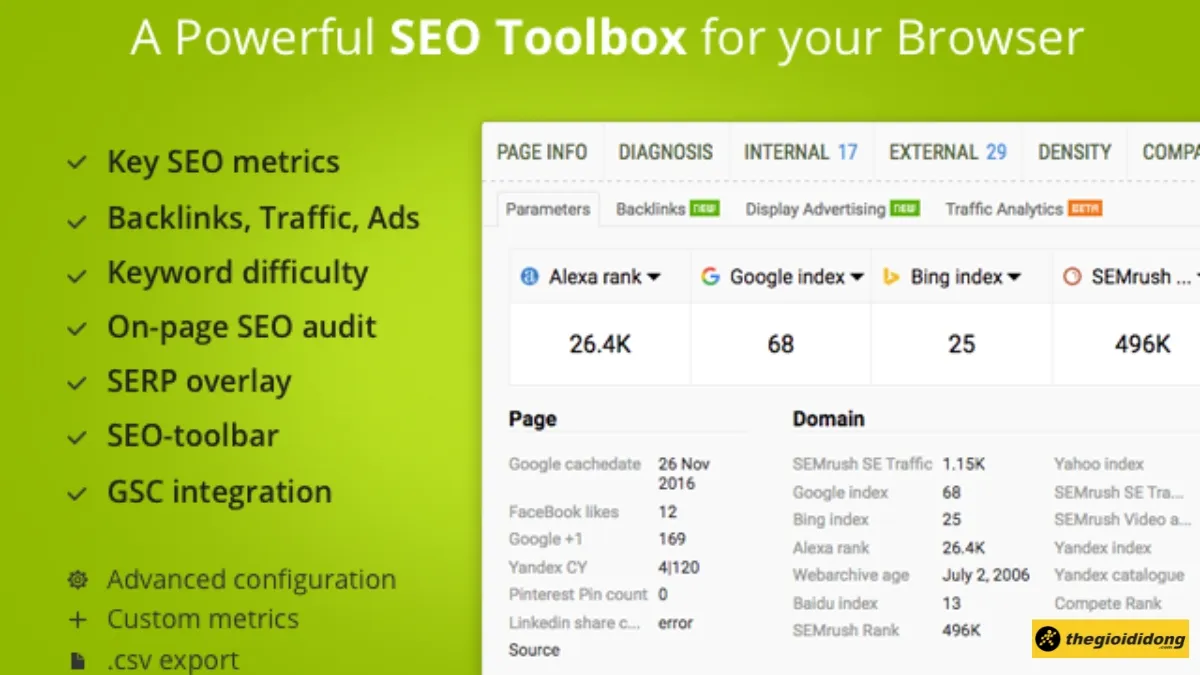 Tiện ích mở rộng SEOQuake hiển thị thông tin SEO on-page nhanh
