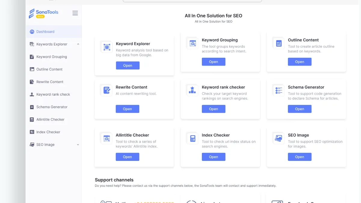 Giao diện SonaTools, một phần mềm SEO tập trung vào thị trường Việt Nam