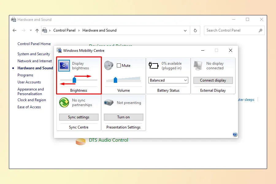 Thanh trượt Display Brightness trong Windows Mobility Center, cho phép người dùng điều chỉnh độ sáng chính xác