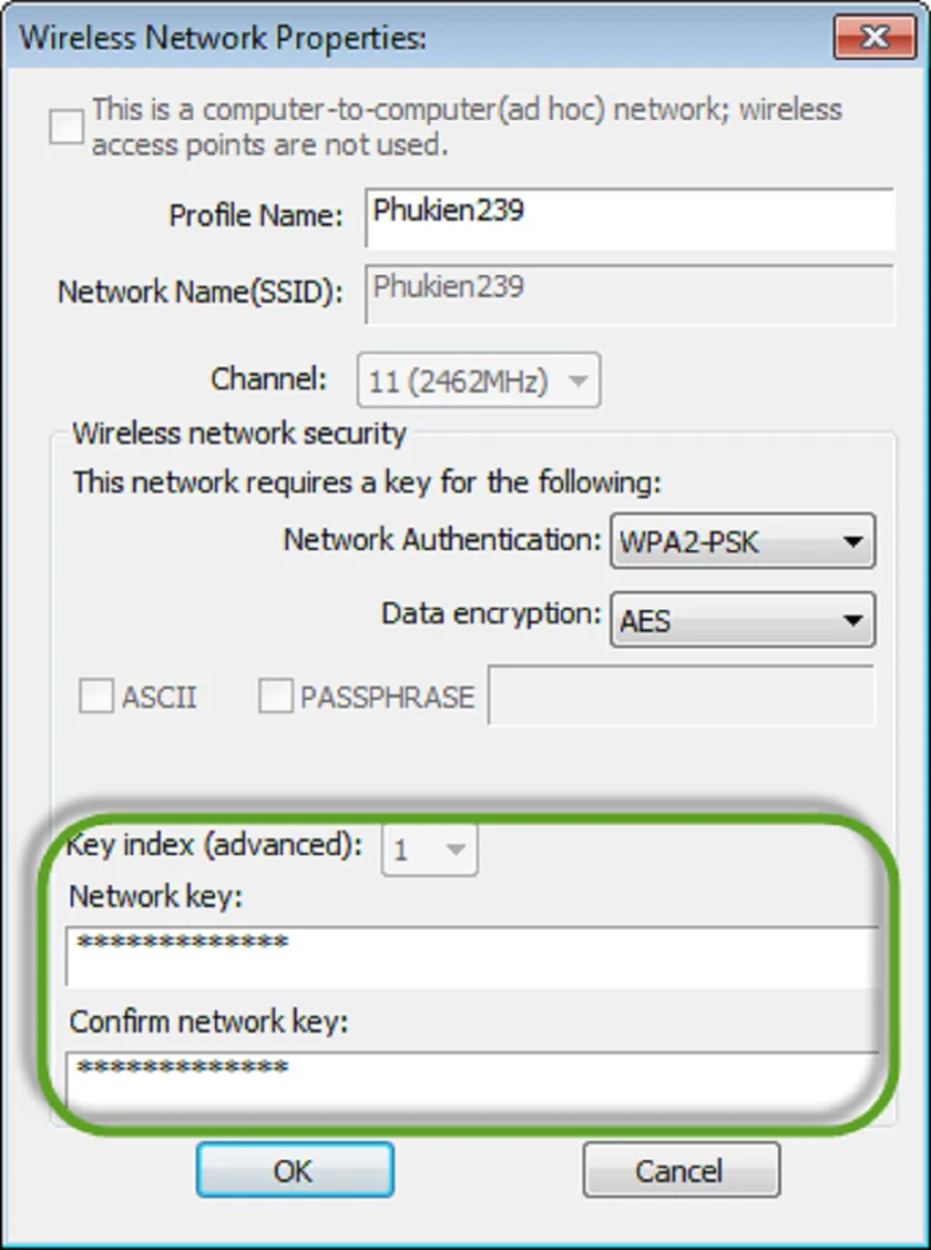 Cửa sổ nhập mật khẩu mạng (Network key) trong Wireless Network Properties