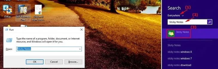 Bạn có thể mở Sticky Notes trên Windowns 8 thoe thứ tự như ảnh