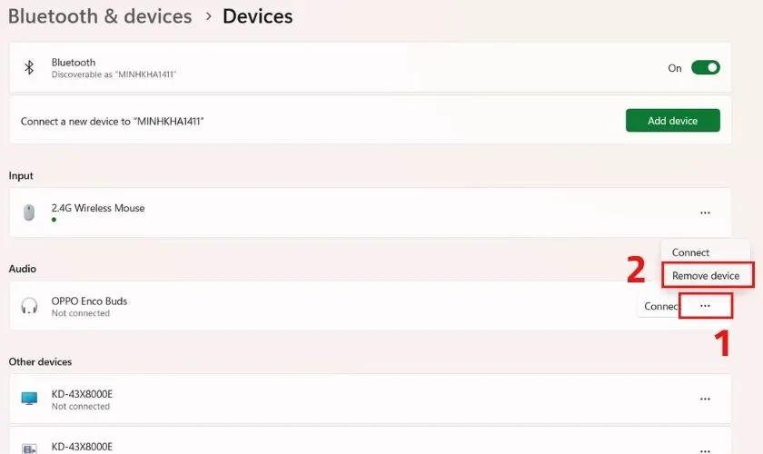 Chọn Remove Device để loại bỏ tai nghe Bluetooth và thực hiện lại cách sửa lỗi tai nghe trên máy tính