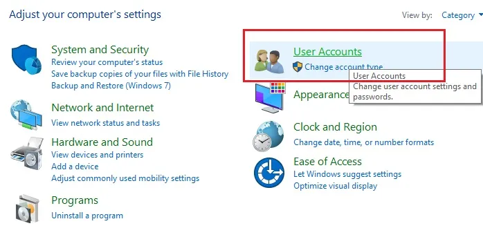 Chọn User Accounts Trong Control Panel